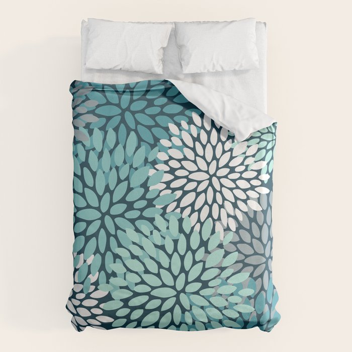 Modern Flowers Print, Teal and White Duvet Cover Gallery Image 6