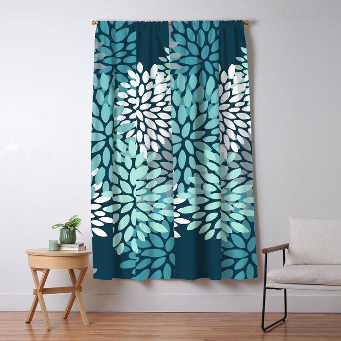 Modern Flowers Print, Teal and White Window Curtain Gallery Image 5
