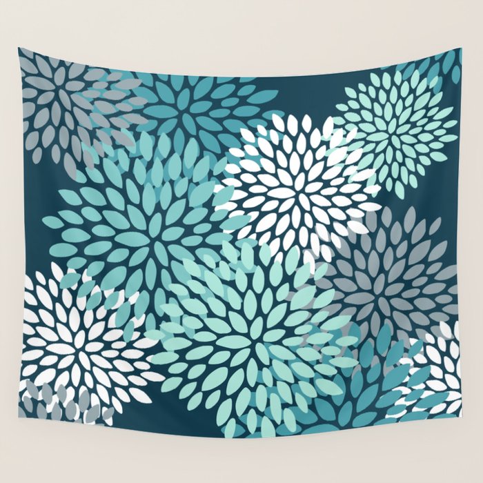 Modern Flowers Print, Teal and White Wall Tapestry Gallery Image 4