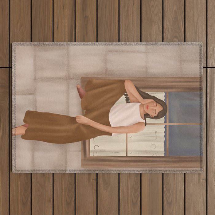 Girl sitting on the window Outdoor Rug Gallery Image 1