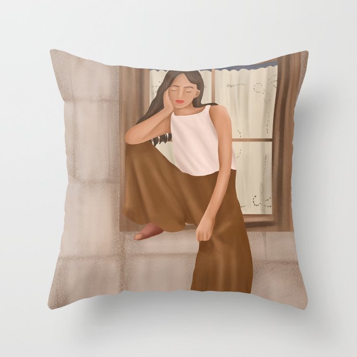 Girl sitting on the window Throw Pillow Gallery Image 1