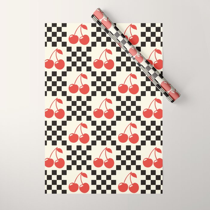 Red Cherries, Black & White Double Checker Wrapping Paper Gallery Image 1