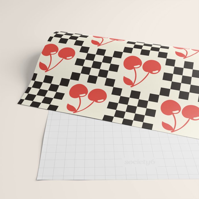 Red Cherries, Black & White Double Checker Wrapping Paper Gallery Image 2