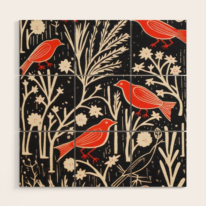 Red And Black Woodblock Birds Wood Wall Art Gallery Image 1