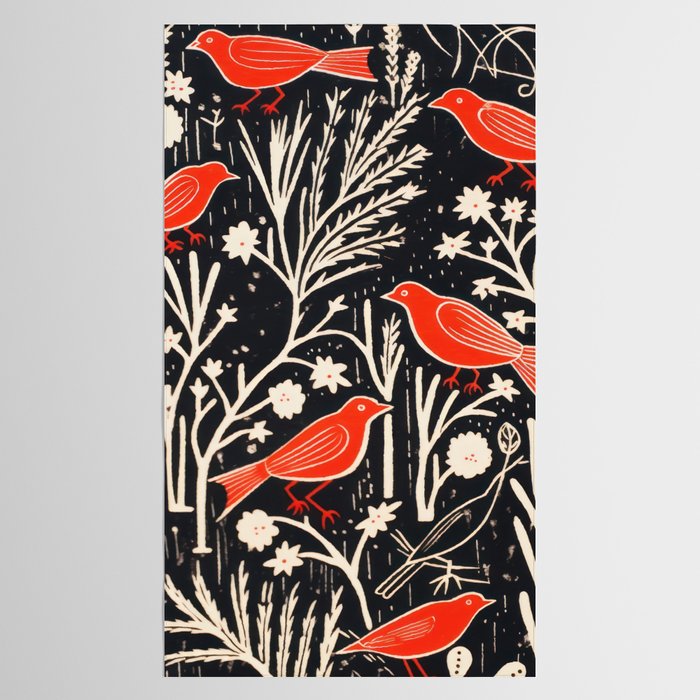 Red And Black Woodblock Birds Tablecloth Gallery Image 2
