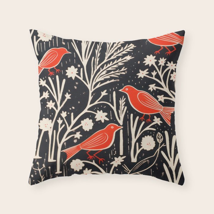 Red And Black Woodblock Birds Throw Pillow Gallery Image 6