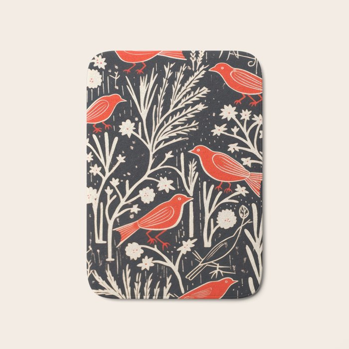 Red And Black Woodblock Birds Bath Mat Gallery Image 1