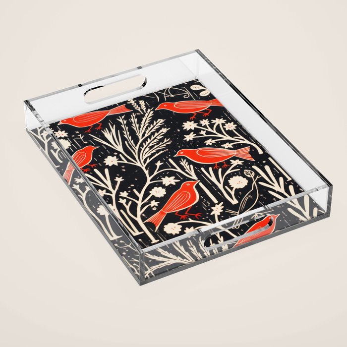 Red And Black Woodblock Birds Acrylic Tray Gallery Image 1
