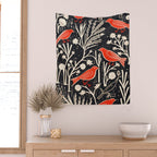Red And Black Woodblock Birds Wall Tapestry Gallery Image 2