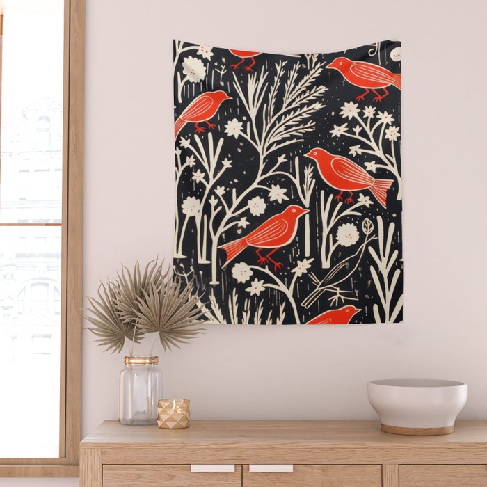 Red And Black Woodblock Birds Wall Tapestry Gallery Image 2