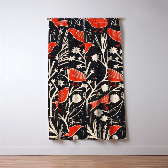 Red And Black Woodblock Birds Window Curtain Gallery Image 3