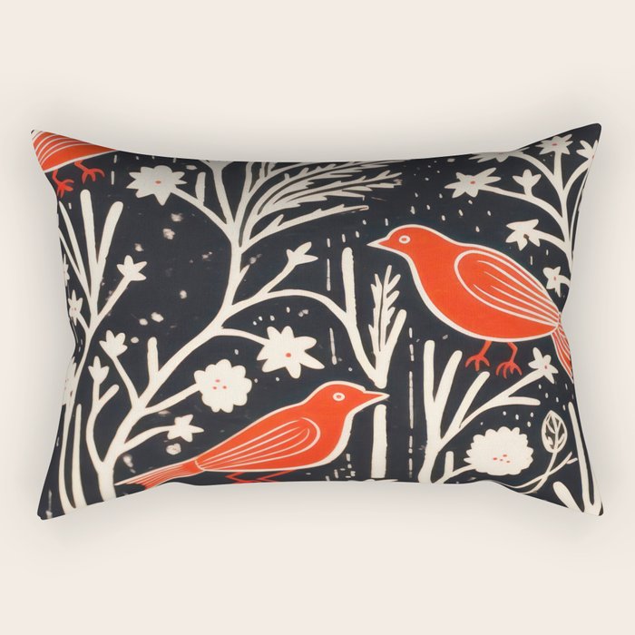 Red And Black Woodblock Birds Rectangular Pillow Gallery Image 1