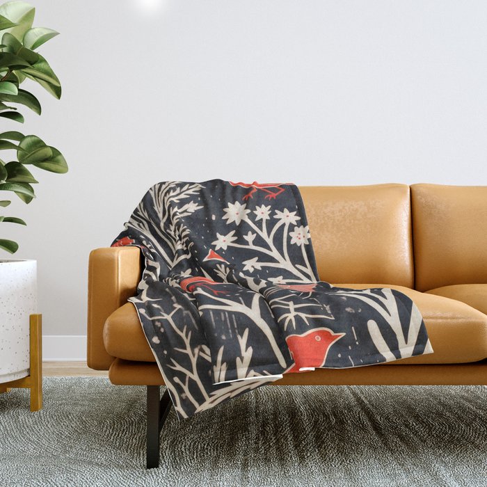 Red And Black Woodblock Birds Throw Blanket Gallery Image 1