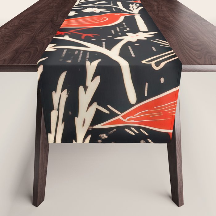 Red And Black Woodblock Birds Table Runner Gallery Image 1