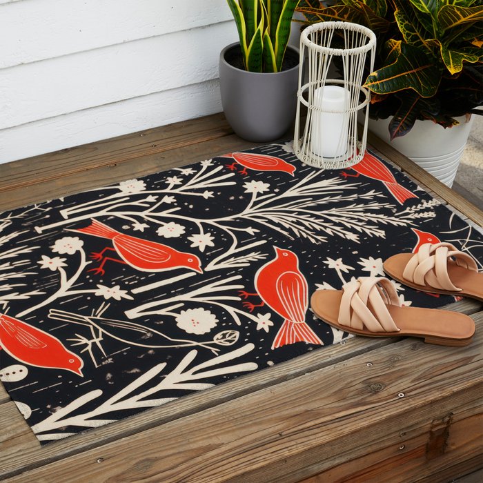 Red And Black Woodblock Birds Outdoor Rug Gallery Image 2