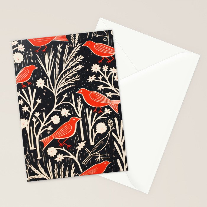 Red And Black Woodblock Birds Stationery Card Gallery Image 2