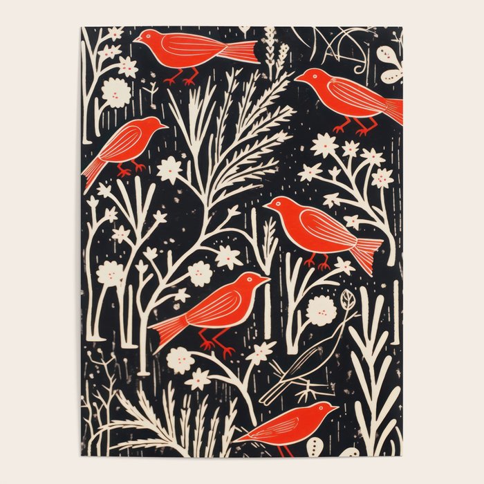Red And Black Woodblock Birds Poster Gallery Image 1