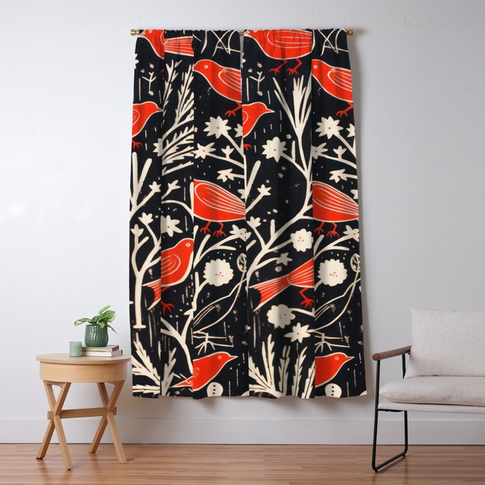 Red And Black Woodblock Birds Window Curtain Gallery Image 1