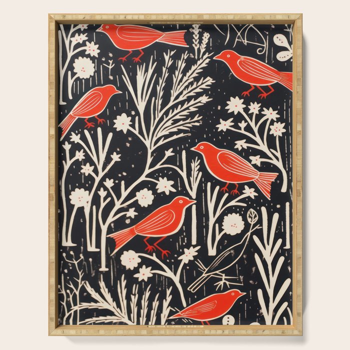 Red And Black Woodblock Birds Serving Tray Gallery Image 1