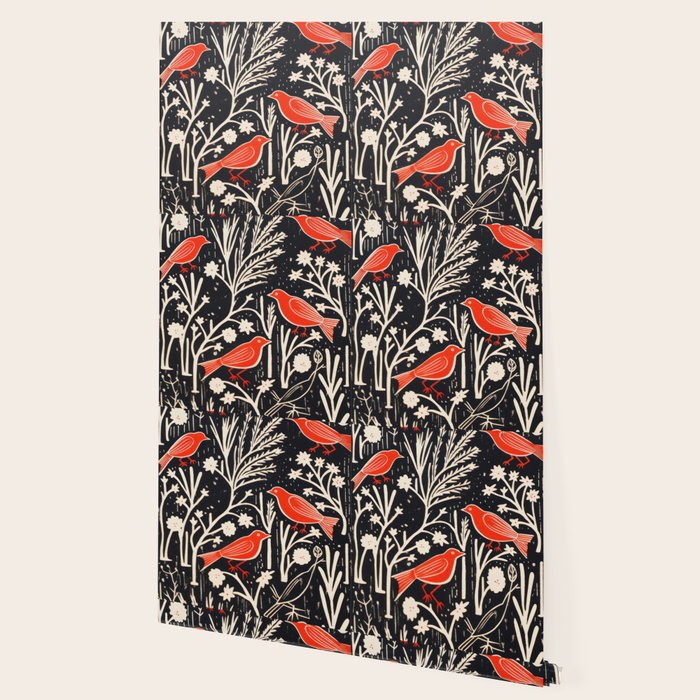 Red And Black Woodblock Birds Wallpaper Gallery Image 2