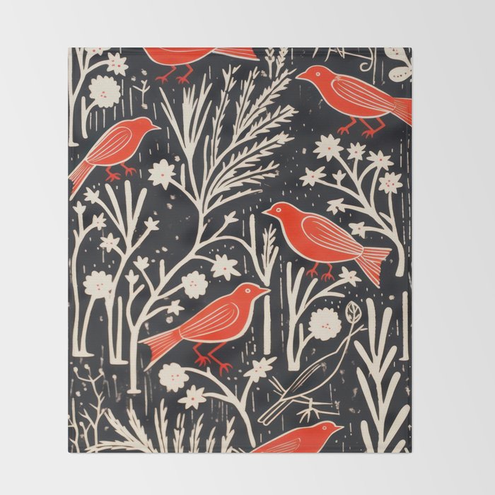 Red And Black Woodblock Birds Throw Blanket Gallery Image 2