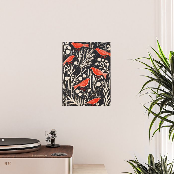 Red And Black Woodblock Birds Poster Gallery Image 2
