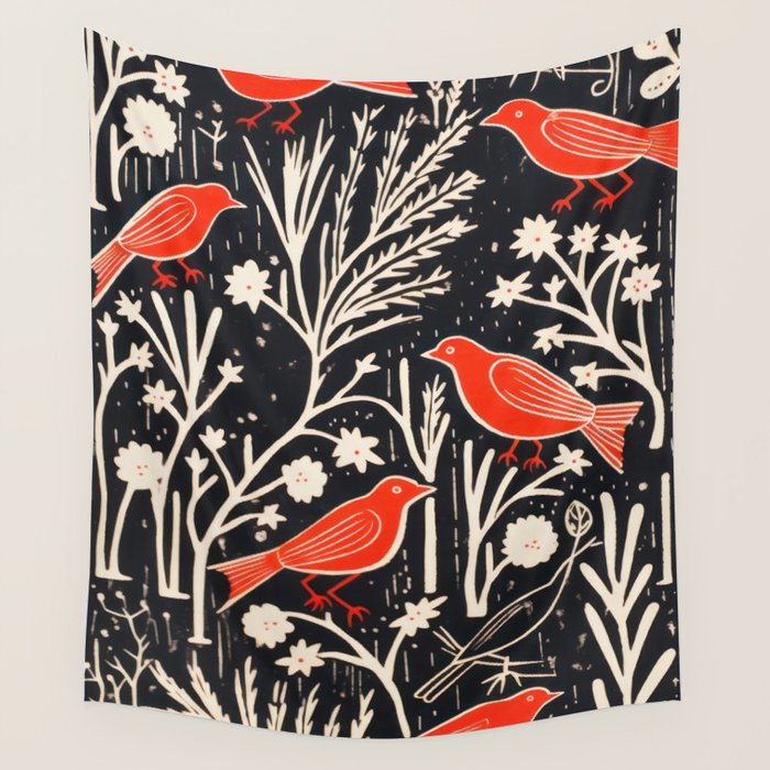 Red And Black Woodblock Birds Wall Tapestry Gallery Image 1