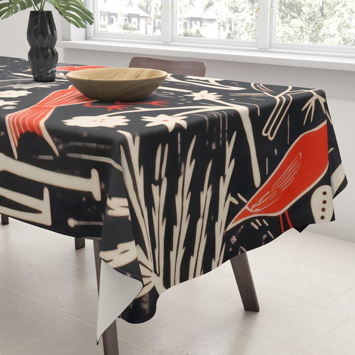 Red And Black Woodblock Birds Tablecloth Gallery Image 3