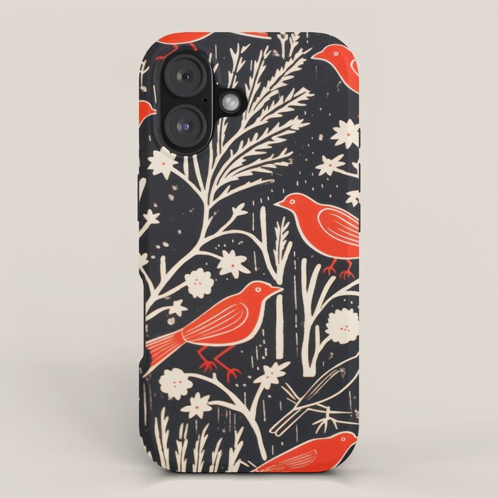 Red And Black Woodblock Birds iPhone Case Gallery Image 1