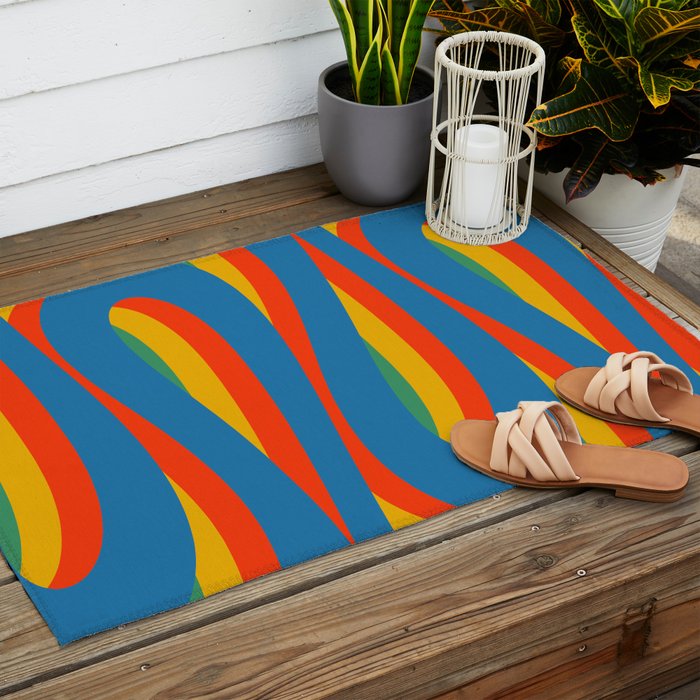 Pop Swirl Wavy Abstract Line Pattern Colorful Bright Blue Red Yellow Green Outdoor Rug Gallery Image 2
