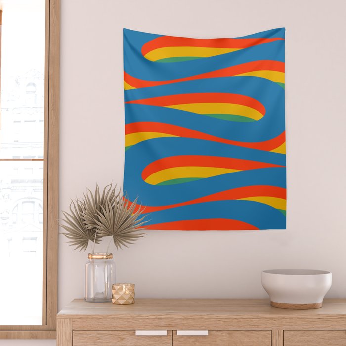 Pop Swirl Wavy Abstract Line Pattern Colorful Bright Blue Red Yellow Green Wall Tapestry Gallery Image 2