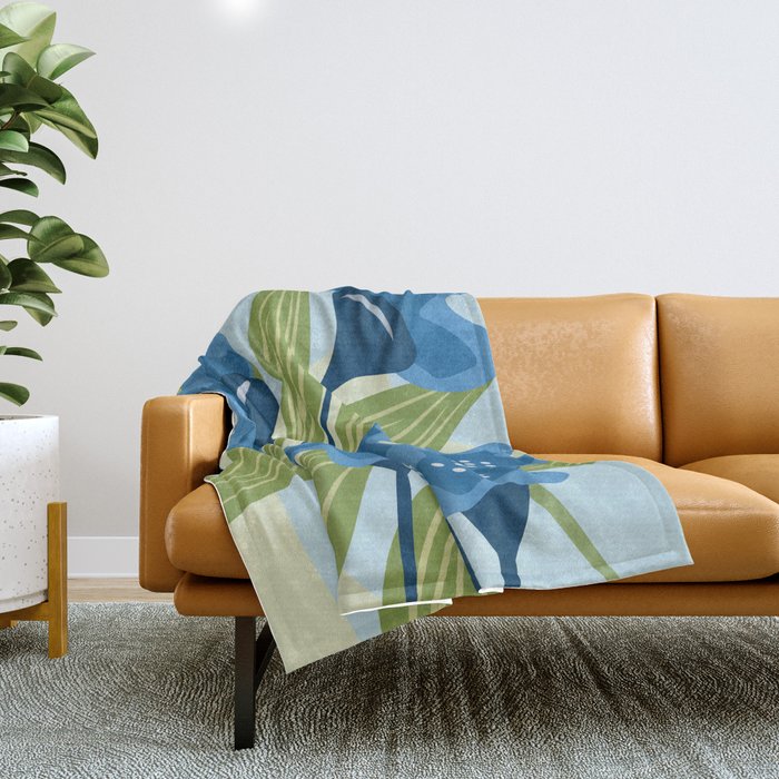 Blue Flowers and Green Leaves Throw Blanket Gallery Image 1