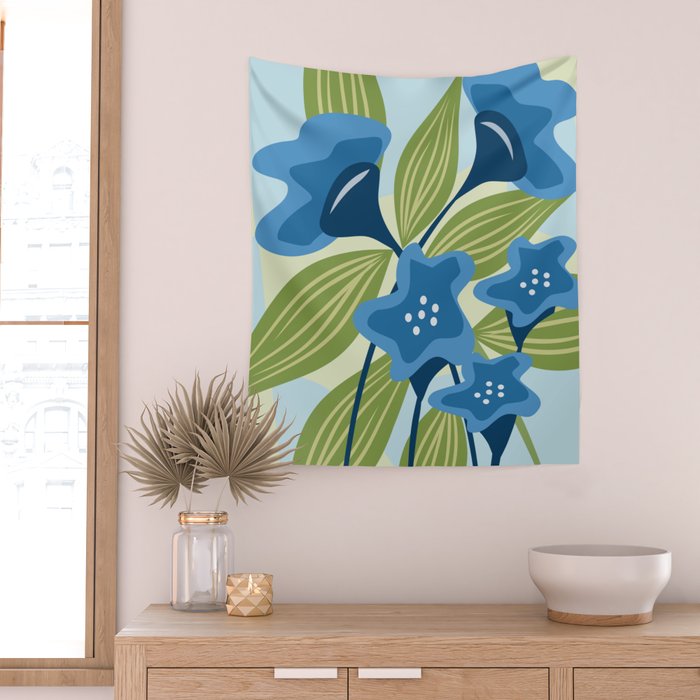 Blue Flowers and Green Leaves Wall Tapestry Gallery Image 2