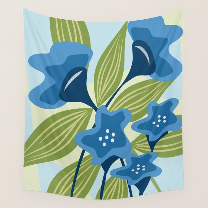 Blue Flowers and Green Leaves Wall Tapestry Gallery Image 1