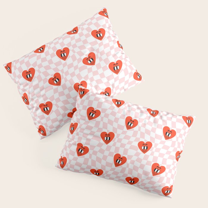 Retro cartoon love heart checkered pattern Pillow Sham Gallery Image 1