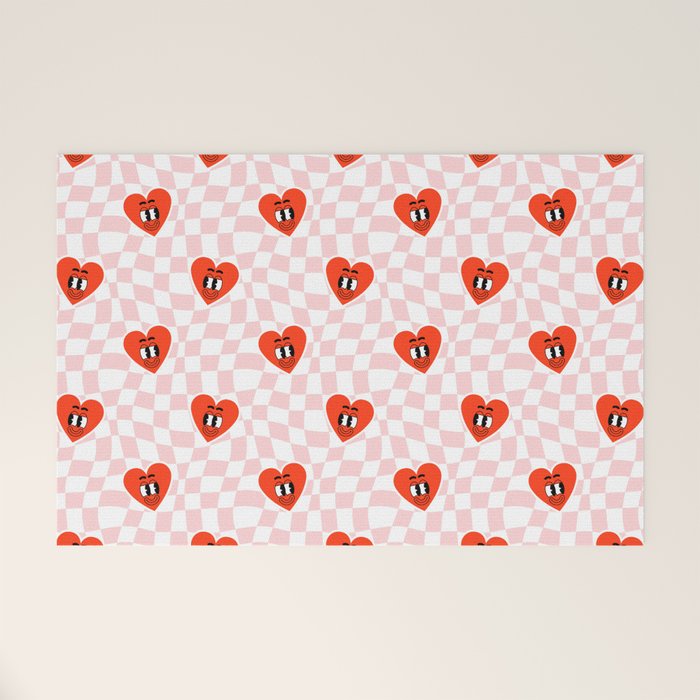 Retro cartoon love heart checkered pattern Welcome Mat Gallery Image 1