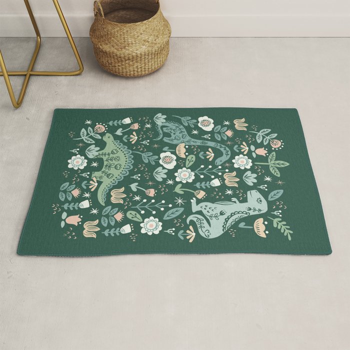 Folk Floral Dinosaur Rug Gallery Image 1