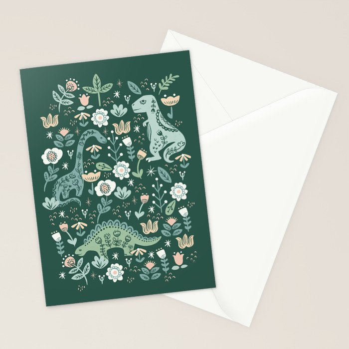 Folk Floral Dinosaur Stationery Card Gallery Image 2