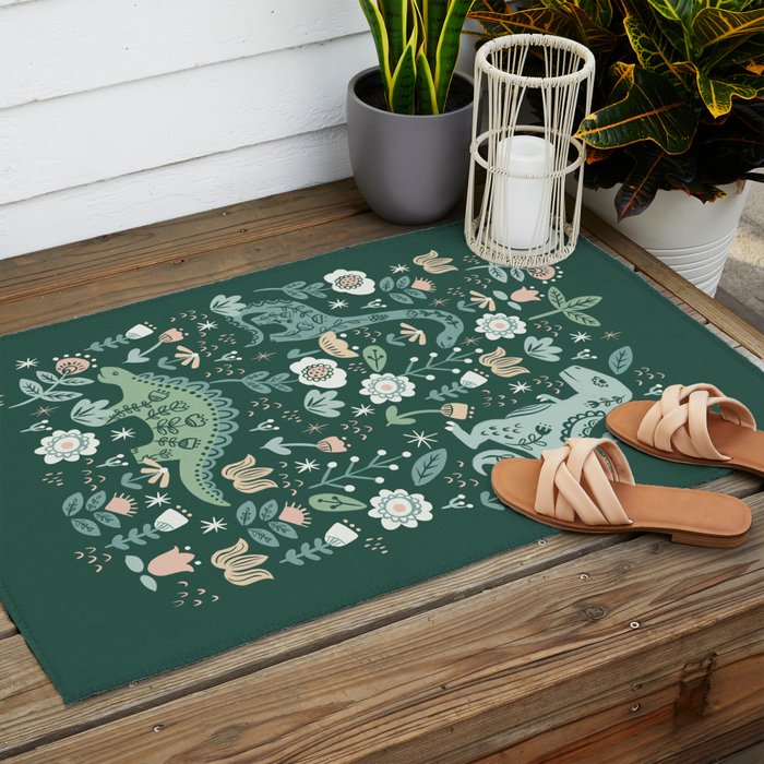 Folk Floral Dinosaur Outdoor Rug Gallery Image 2