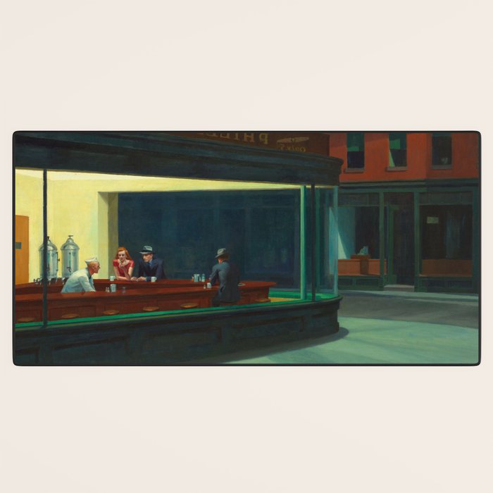 NIGHTHAWKS downtown diner late at night iconic cityscape oil on canvas painting by Edward Hopper Desk Mat Gallery Image 3