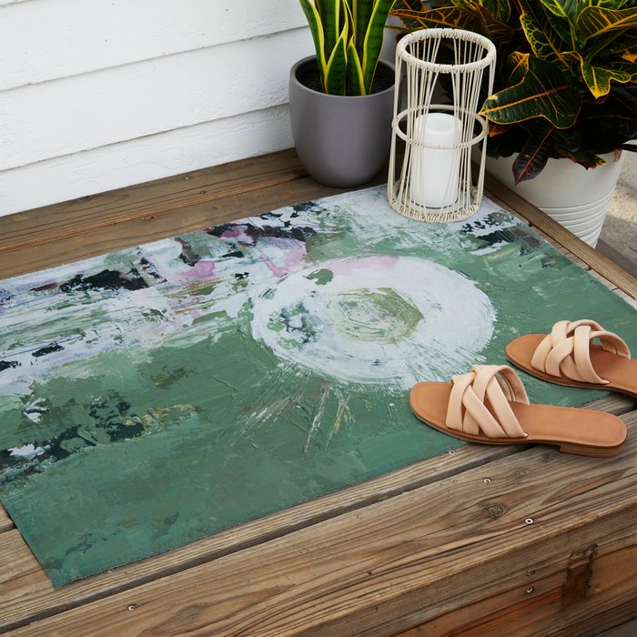Green Abstract Circle  Modern Organic Textured Art Outdoor Rug Gallery Image 2