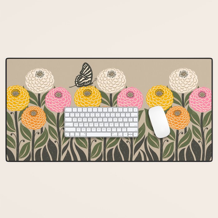 Bloom Wildly - Colorful Zinnia Flowers and Butterfly Desk Mat Gallery Image 1