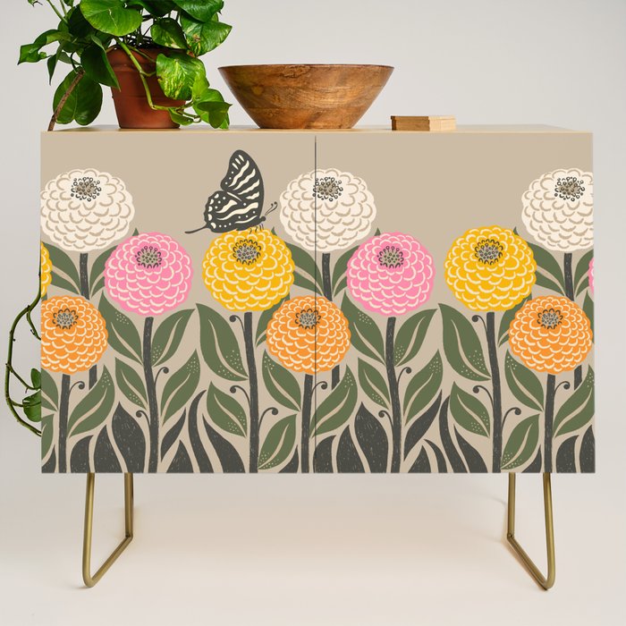 Bloom Wildly - Colorful Zinnia Flowers and Butterfly Credenza Gallery Image 1