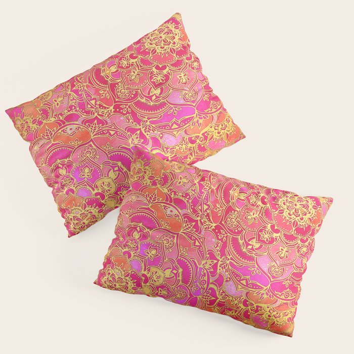 Hot Pink and Gold Baroque Floral Pattern Pillow Sham Gallery Image 1