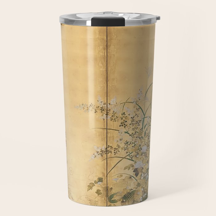 Japanese Edo Period Six-Panel Gold Leaf Screen - Spring and Autumn Flowers Travel Mug Gallery Image 1