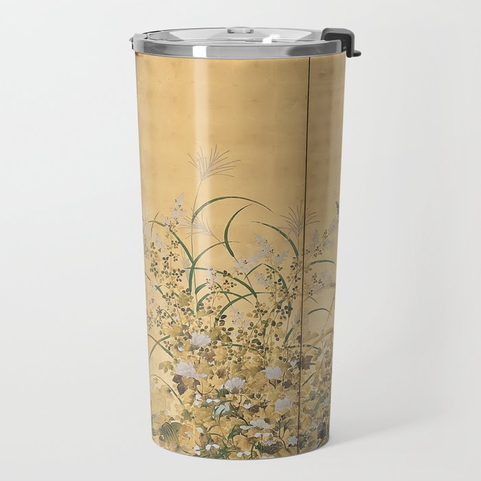 Japanese Edo Period Six-Panel Gold Leaf Screen - Spring and Autumn Flowers Travel Mug Gallery Image 2