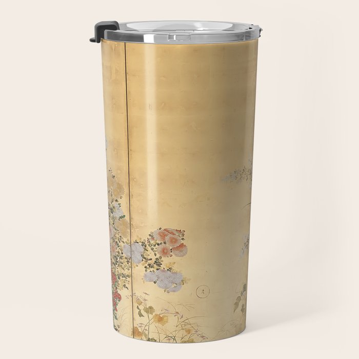 Japanese Edo Period Six-Panel Gold Leaf Screen - Spring and Autumn Flowers Travel Mug Gallery Image 3