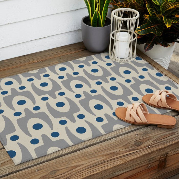 Mid Century Modern Abstract Pattern 149 Gray and Blue Outdoor Rug Gallery Image 2