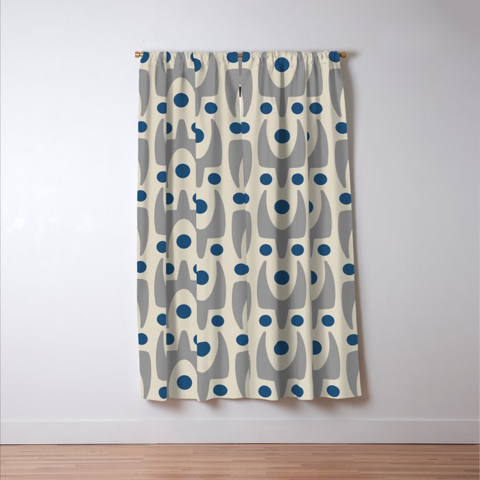 Mid Century Modern Abstract Pattern 149 Gray and Blue Window Curtain Gallery Image 3