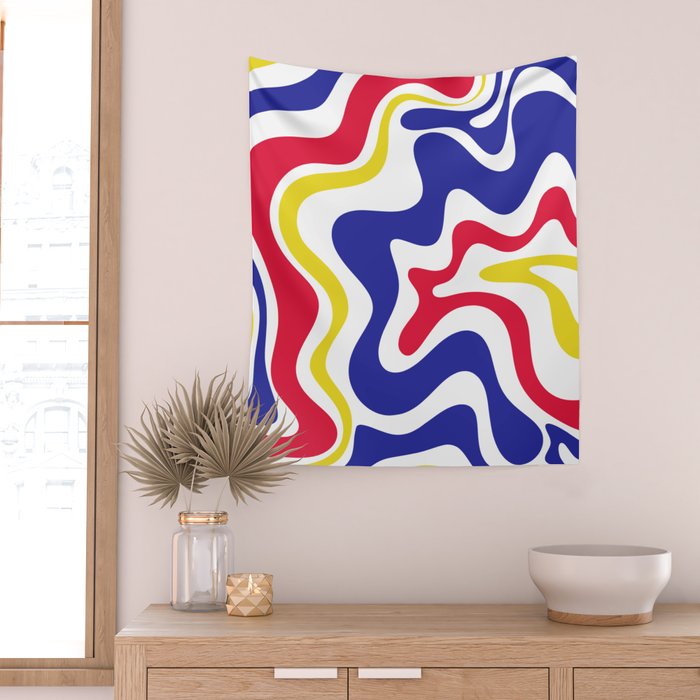 Retro Liquid Swirl Abstract Pattern Blue Red Yellow White Wall Tapestry Gallery Image 2